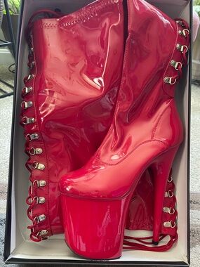 Pleaser Thigh High Lace-Up Red Boots (Size 9)
